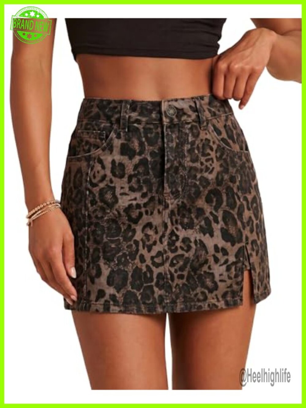 High Waisted Leopard Print Mini Skort with Attached Shorts Stretchy Denim Cotton